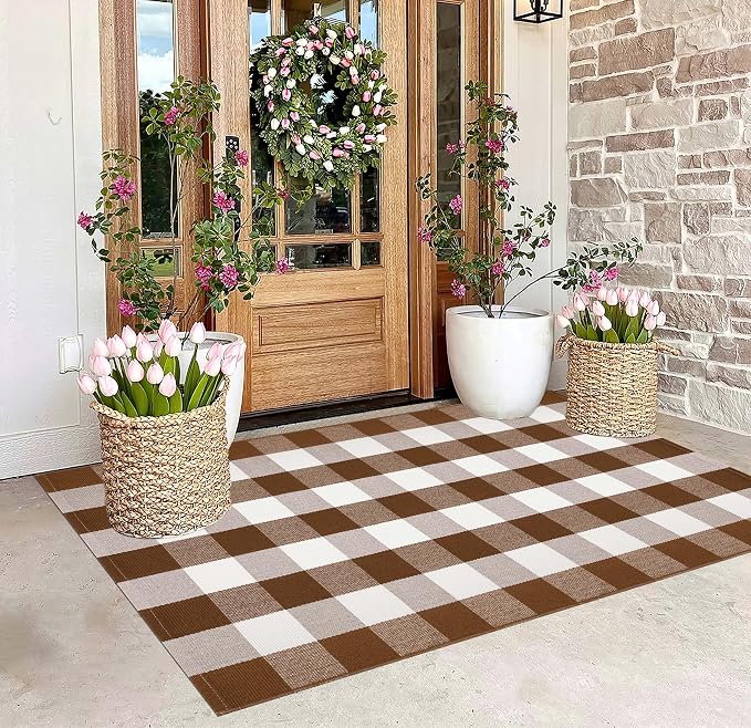 3'x5' Outdoor Rug,Coffee and White Buffalo Plaid Rug Farmhouse Front Porch Rug Machine Washable Front Door Mat Outdoor for Hello Welcome Mat,Bedroom,Entryway,Patio