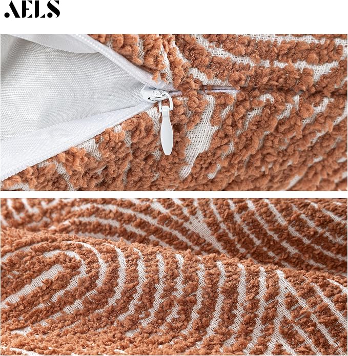 AELS Boho Decorative Textured Throw Pillow Covers 18x18, Organic Modern Mid Century Rainbow Tufted Pillow Case, Farmhouse Rustic Geometric Woven Cushion Case for Bed Couch Sofa, Burnt Orange