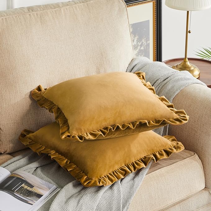 GIGIZAZA Pack of 2 Dark Gold Throw Pillow Covers 18x18 Decorative Ruffle Velvet Cushion Cover for Couch Pillowcase