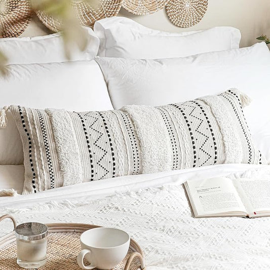 BlissBlush 14x36 Lumbar Pillow Cover for Bed, Rectangular Long Decorative Throw Pillowcase, Boho Accent Cushion with Black Tufted Pattern and Tassels, Cream Neutral (Cover Only)