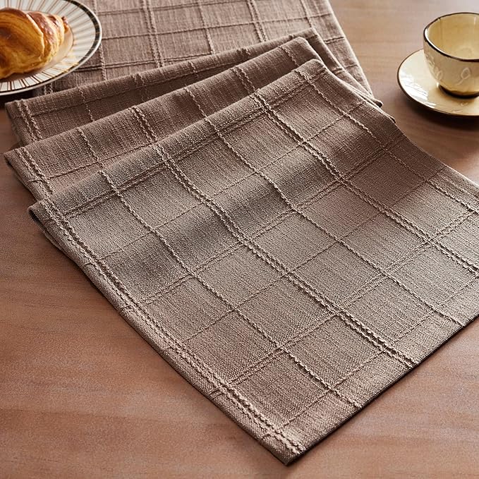 ZeeMart Linen Checked Farmhouse Table Runner, 13x90 Inches Cocoa Brown | Raised Grid Design, Rich Woven Texture, Linen Blend Table Runners 90 Inches Long, Machine Washable, Boho Home Kitchen Decor