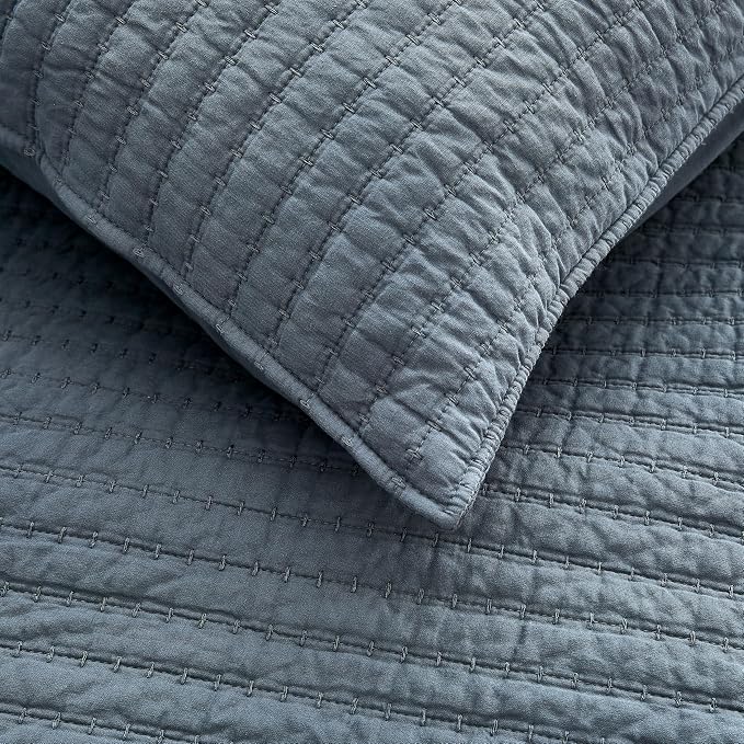 WDCOZY 100% Cotton Queen Size Quilt Set - Blue Striped Pick Stitch Soft Lightweight Bedspread, Textured Like Linen, Farmhouse Country Rustic Coverlet, Shabby Chic Gauze Bedding, 3 Pieces