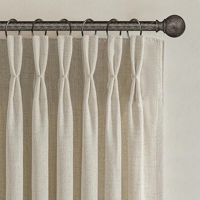 Warm Beige Flax Linen Memory Trained Pinch Pleated Sheer Curtains 90 Inches Long for Bedroom, Rustic Country Dark Taupe Light Filtering for Office Sunroom Large Window Drapes Thick Burlap 2 Panels Set