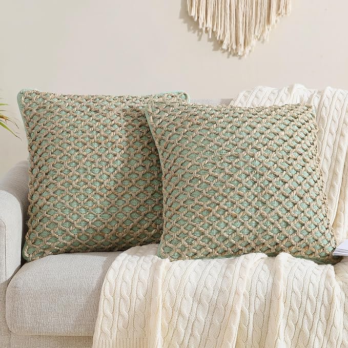 Boho Living Jada Decorative Throw, Includes Accent, Premium Woven Design, Living Room Décor, (2) 20" x 20" Pillow Cover with Insert, Sage Green