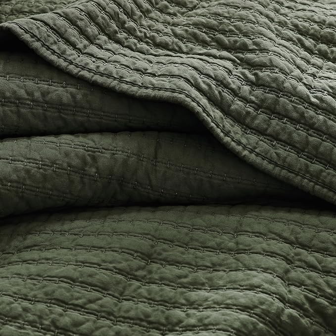 WDCOZY 100% Cotton King Size Quilt Set - Olive Green Striped Pick Stitch Soft Lightweight Bedspread, Textured Like Linen, Farmhouse Country Rustic Coverlet, Shabby Chic Gauze Bedding, 3 Pieces