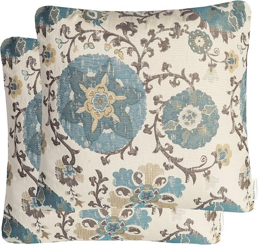 Mika Home Pack of 2 Jacquard Circle Floral Pillow Case, Cream Blue | Decorative Pillow Cover, For 22X22 Inserts