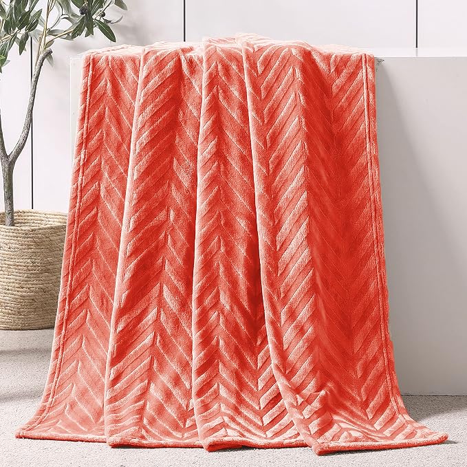 Whale Flotilla Flannel Fleece Throw Blanket for Couch, Coral | Lightweight Breathable Soft Sofa Throws, Plush Fluffy Chevron Design Decorative Blankets for All Season, 50x60 Inch