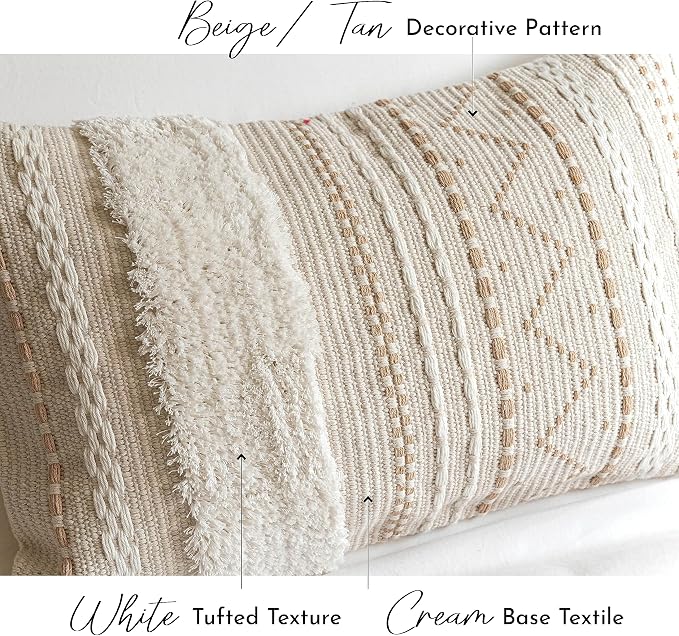 BlissBlush 20X54 Oversized Large Lumbar Pillow Cover for Bed, Rectangular Long Decorative Throw Pillowcase, Cotton Boho Accent Cushion with Tufted Pattern and Tassels, Cream Beige Neutral (Cover Only)