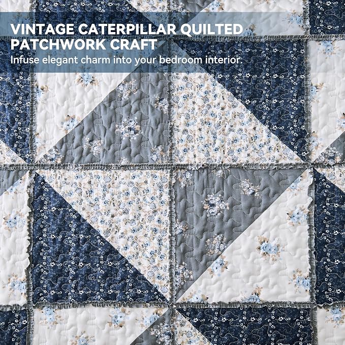 Oversized King Quilt Set Grey Floral Patchwork Alaska King Bedspreads Set | 3-Piece Alaskan King Size Bedding Set 132x120 Rversible Quilted Coverlet Lightweight Comforter Bed Cover with 2 Pillowcase