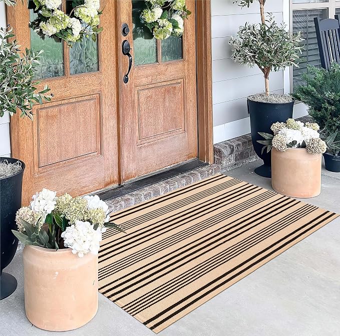 Black Khaki Striped Rug -2.3'x3.6' Front Door Rugs Outdoor, Small Washable Area Rug for Front Porch, Spring Summer Welcome Mats Outdoor Indoor, Doormat for Entryway Porch Entrance