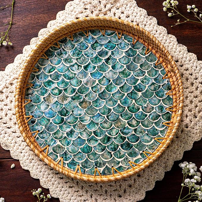 JUNGLE CULTURE Round Rattan Tray with Mother of Pearl Inlay • Cascade 12”