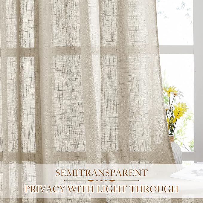NICETOWN Privacy Linen Sheer Curtains, Rod Pocket & Back Tab Elegant Vertical Drapes Semi Sheer Soft Panels with 72 Inches Long for Bedroom/Nursery, 2 Panels=104" Wide, Taupe, Set of 2
