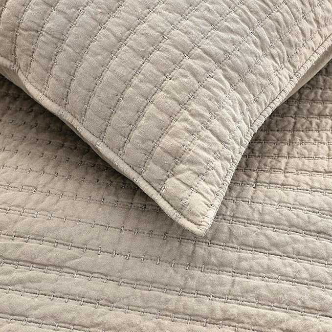 WDCOZY 100% Cotton Queen Size Quilt Set - Beige Neutral Striped Pick Stitch Soft Lightweight Bedspread, Textured Like Linen, Farmhouse Country Rustic Coverlet, Shabby Chic Gauze Bedding, 3 Pieces