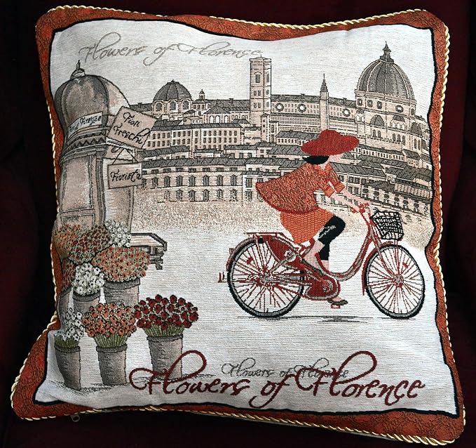 Tache Orange Burgundy Tapestry Throw Pillow Cover - Flowers of Florence- 18 Inch Square Vintage French Girl on a Bicycle- 2 Piece