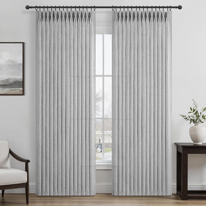 Unique Light Grey Pinch Pleat Thick Natural Linen 86 Inch Office Curtains 2 Panels Set, Memory Shape Light Filtering Semi Sheer Farmhouse Windows Curtain with Back Tab Privacy Protect Nursery Drapes
