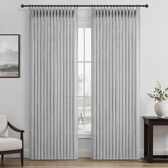 Light Grey Pleated Extra Wide 70 Inch Bedroom Curtains 84 Inches Long 2 Panels Set, Memory Shape Semi Sheer Linen Textured Curtain Light Filtering Privacy Sliding Doors Windows Drapes with Hooks Rings