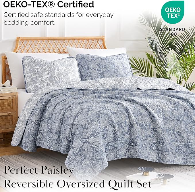 Southshore Fine Living, Inc. Paisley Quilt Queen Size Bedding Set, Full Size Quilted Coverlet, Boho Bedspreads Queen Size Set with Two Matching Pillow Shams, Full/Queen, Reversible Blue