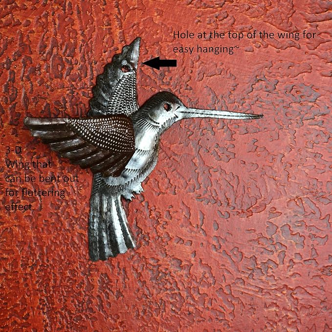 It's Cactus Handmade Metal Hummingbird Wall Art Set of 2 Haitian Recycled Steel Bird Wall Decor Small Rustic Indoor Outdoor Garden Wall Hanging Fair Trade Artisan Sculpture