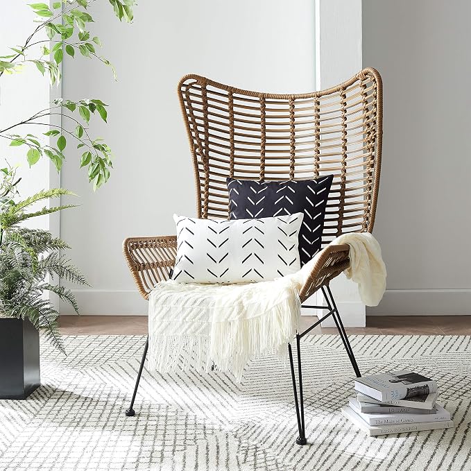 Set of 2 Boho Pillow Covers 24 x 24 inches Black Square Pillow Covers with White Arrows Print Polyester Blend Decorative Throw Pillow Covers Sofa Cushion Cases
