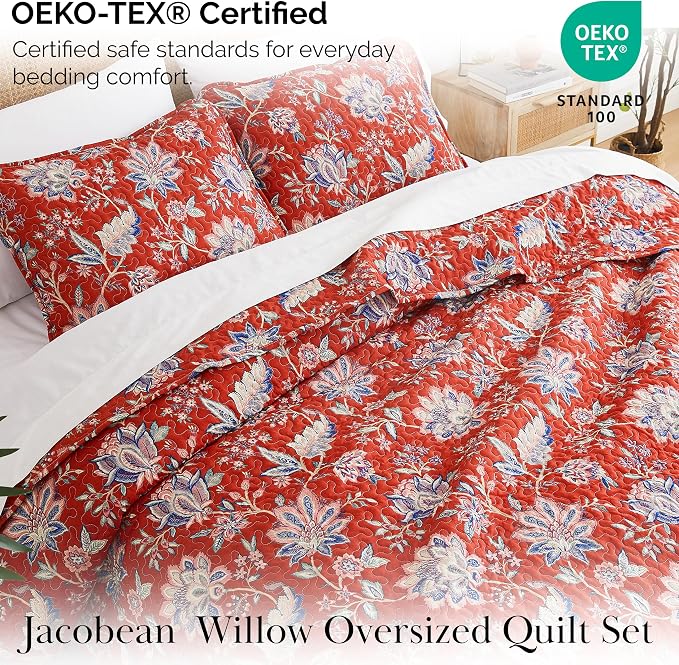 Southshore Fine Living, Inc. Oversized King Quilt Bedding Set, Jacobean Willow Floral Quilt Set with 2 Matching Pillow Shams, Lightweight California King Bed Spread, Soft Microfiber Fabric, Red