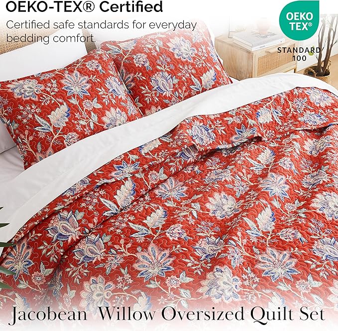 Southshore Fine Living, Inc. Oversized Full/Queen Quilt Bedding Set, Jacobean Willow Floral Quilt Set Queen or Full Size with 2 Matching Pillow Shams, Lightweight Bedspread, Soft and Cozy, Red