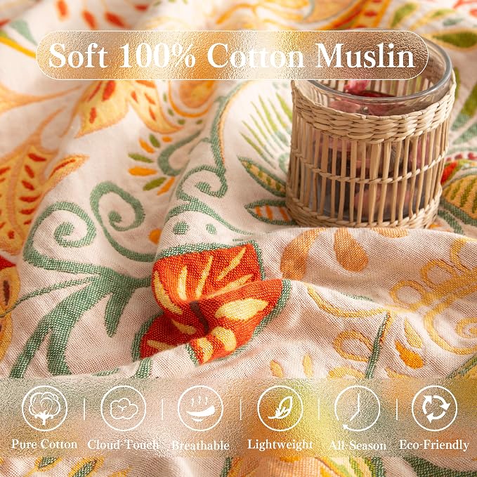 Phuryllic Boho Throw Blanket Twin Size, Soft Cozy Cotton Muslin Quilt Blanket for Bed Decor, Floral Patterned Couch Sofa Chair Cover, Vintage Farmhouse Cottage Tapestry Woven Blanket, Coral&Green