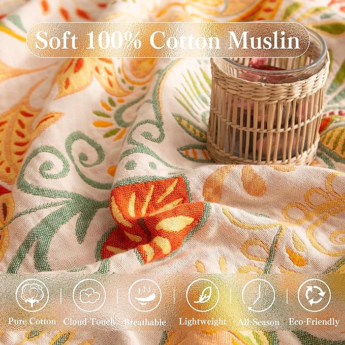 Phuryllic Boho Throw Blanket Full Size, Extra Large Soft Cozy Cotton Muslin Quilt Blanket for Bed Decor, Floral Patterned Couch Sofa Chair Cover, Vintage Farmhouse Cottage Woven Blanket, Coral&Green