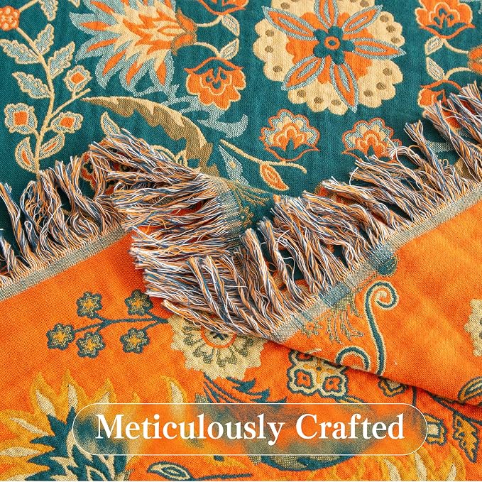 Phuryllic Boho Throw Blanket Twin Size, Soft Cozy Cotton Muslin Quilt Blanket for Bed Decor, Floral Patterned Couch Sofa Chair Cover, Vintage Farmhouse Cottage Tapestry Woven Blanket, Orange&Green