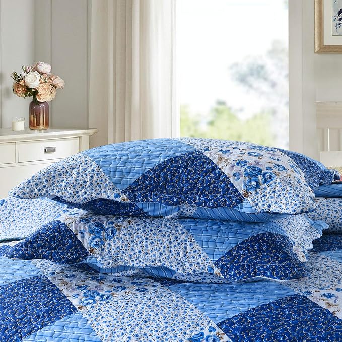 Travan Bedspread Quilt Sets 3-Piece Lightweight Coverlet Set with Shams Reversible Quilted Bedding Set, Blue Floral Patchwork, Queen Size