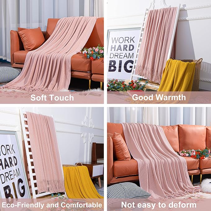 NTBAY Acrylic Knit Throw Blanket, 51 x 67, Light Pink Striped | Lightweight Acrylic Wave-Knit Throw with 7 Inch Tassels for Sofa, Bed, Reading, Travel, and Decorative Layering