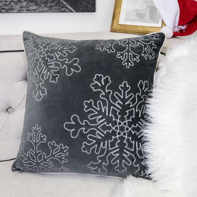 Embroidery Gray Velvet Throw Pillow Cover, Merry Christmas Series Snowflake Luxury Soft Fuzzy Cozy Warm Slik Gift Square Couch Cushion Pillow Case 20 x 20 Inch, Cover Only