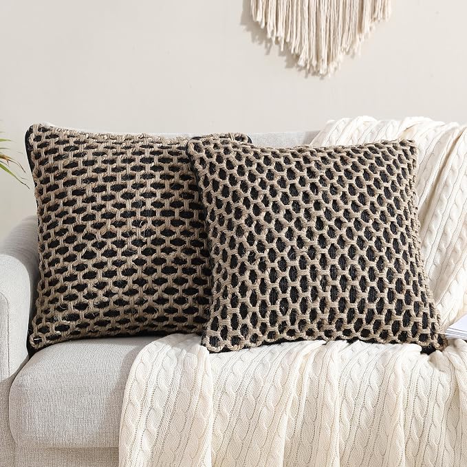 Boho Living Jada Decorative Throw, Includes Accent Insert, Premium Woven Design, Living Room Décor, (2) 20" x 20" Pillow Covers, Black 2 Count