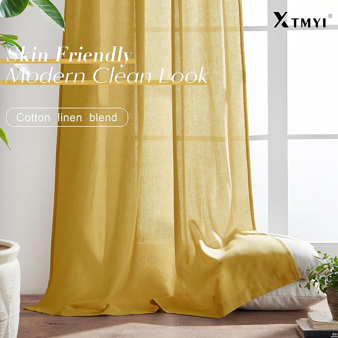 XTMYI Yellow Curtains 96 Inches Long for Living Room,Colorful Bright Mustard Mid Century Modern Decor,Linen Sheer Bohemian MCM Curtains for Bedroom 2 Panel Set,Dark Ocher