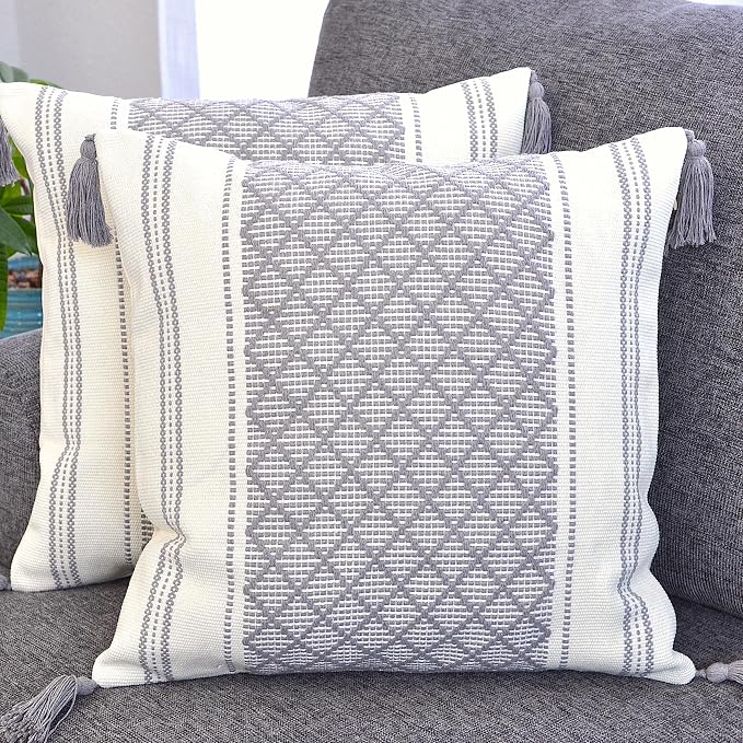 Gray 16x16 Pillow Covers - Set of 2 / Decorative Grey Boho Tassels Indoor Outdoor Cushion Covers Checkrered Geometric Pattern / Farmhouse Designer Woven PillowCases/ Modern Accent Throw PillowCovers