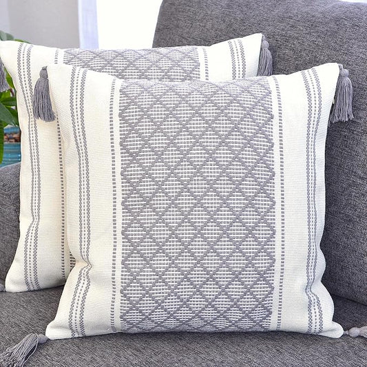 Gray 16x16 Pillow Covers - Set of 2 / Decorative Grey Boho Tassels Indoor Outdoor Cushion Covers Checkrered Geometric Pattern / Farmhouse Designer Woven PillowCases/ Modern Accent Throw PillowCovers
