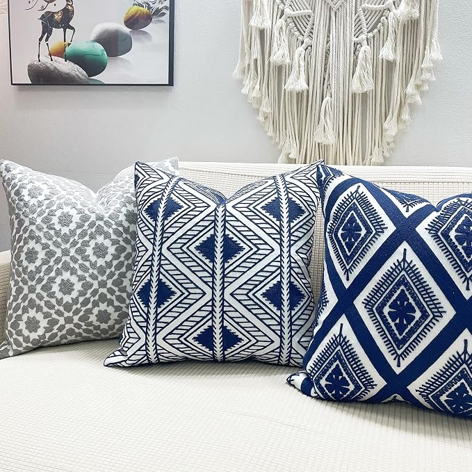 Slow Cow Embroidery Decorative Throw Pillow Cover Geometric Design Cushion Cover 18x18 Inches Navy Blue