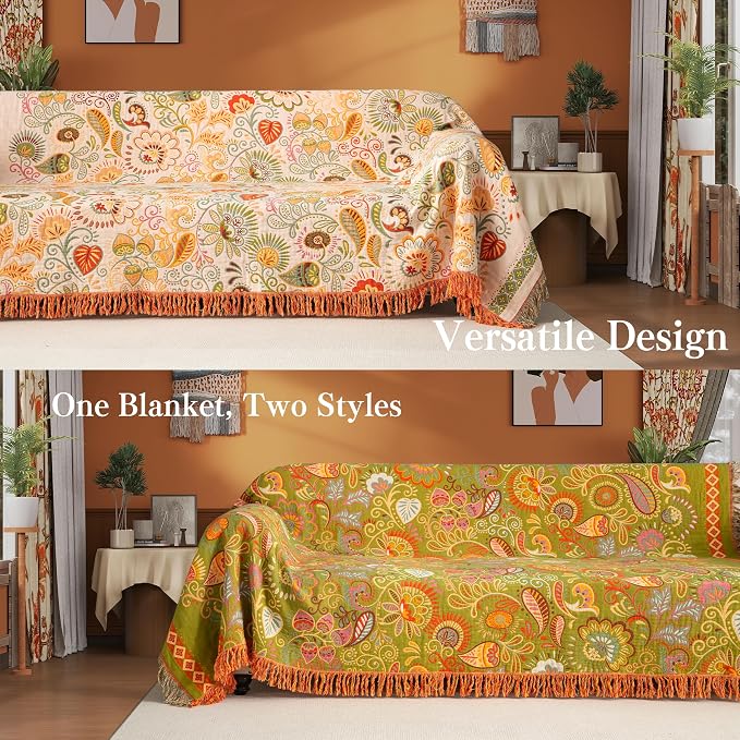 Phuryllic Boho Throw Blanket Queen Size, Oversized Soft Cozy Cotton Muslin Quilt Blanket for Bed Decor, Floral Patterned Couch Sofa Chair Cover, Vintage Farmhouse Cottage Woven Blanket, Coral&Green