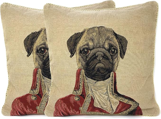 Pug Renaissance Dog Throw Pillow Cover - Tache Napoleon Bownparte - 2 Pieces 18 X 18 Inch Square French Vintage Tapestry Woven Set