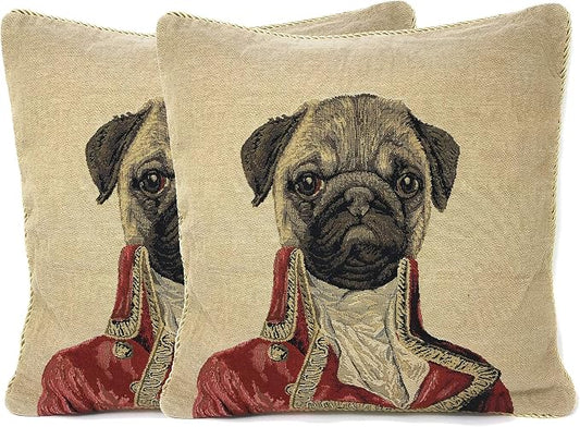 Pug Renaissance Dog Throw Pillow Cover - Tache Napoleon Bownparte - 2 Pieces 18 X 18 Inch Square French Vintage Tapestry Woven Set