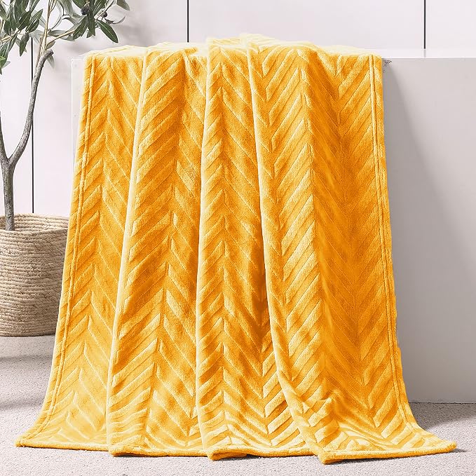 Whale Flotilla Flannel Fleece Throw Blanket for Couch, Lemon Yellow | Lightweight Breathable Soft Sofa Throws, Plush Fluffy Chevron Design Decorative Blankets for All Season, 50x60 Inch