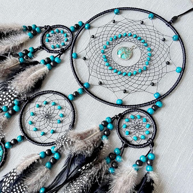 Large Dream Catchers, Boho Handmade Woven Black Dream Catchers Wall Hanging for Bedroom Living Room Dorm Room Decor, Adults Wedding Party Decor, Festival Blessing Gift (Turquoise & Black)