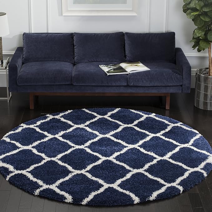 SAFAVIEH Hudson Shag Collection 9' Round Navy/Ivory SGH283C Moroccan Trellis Non-Shedding Living Room Bedroom Dining Room Entryway Plush 2-inch Thick Area Rug