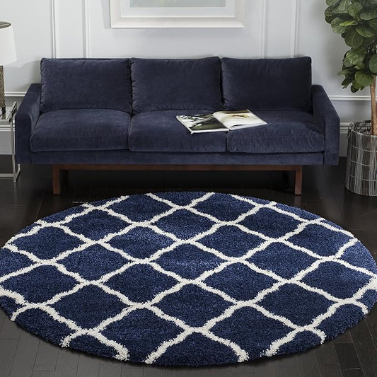 SAFAVIEH Hudson Shag Collection 9' Round Navy/Ivory SGH283C Moroccan Trellis Non-Shedding Living Room Bedroom Dining Room Entryway Plush 2-inch Thick Area Rug