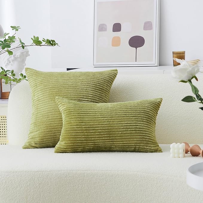 Home Brilliant Summer Pillow Covers 20x20 inch Solid Supersoft Corduroy Stripes Square Throw Pillow Cushion Covers for Home Sofa Couch Decor, 50x50cm, 20 x 20 Inch, Grass Green
