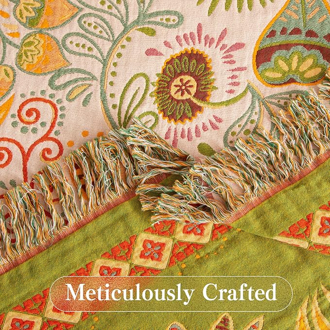 Phuryllic Boho Throw Blanket Queen Size, Oversized Soft Cozy Cotton Muslin Quilt Blanket for Bed Decor, Floral Patterned Couch Sofa Chair Cover, Vintage Farmhouse Cottage Woven Blanket, Coral&Green