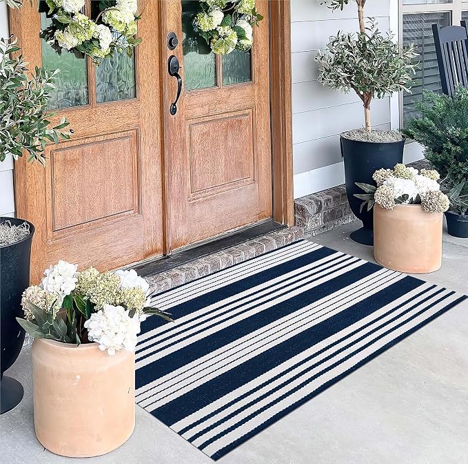 Blue and White Layered Doormat 27.5"x43.3"Cotton Door Mat Outdoor Porch Rug | Hand-Woven Washable Farmhouse Indoor/Outdoor Rug Combined With Hello Welcome Mat