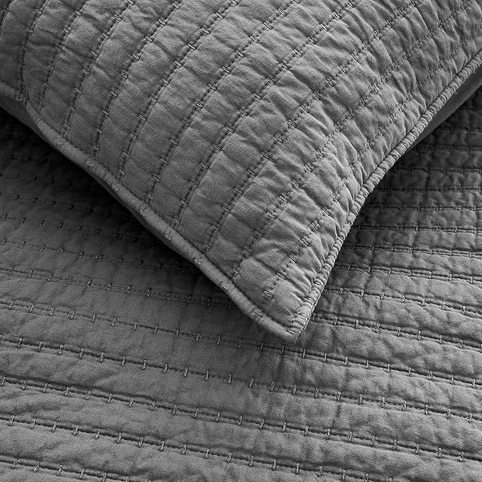 WDCOZY 100% Cotton Queen Size Quilt Set - Grey Striped Pick Stitch Soft Lightweight Bedspread, Textured Like Linen, Farmhouse Country Rustic Coverlet, Shabby Chic Gauze Bedding, 3 Pieces