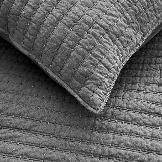 WDCOZY 100% Cotton King Size Quilt Set - Grey Striped Pick Stitch Soft Lightweight Bedspread, Textured Like Linen, Farmhouse Country Rustic Coverlet, Shabby Chic Gauze Bedding, 3 Pieces