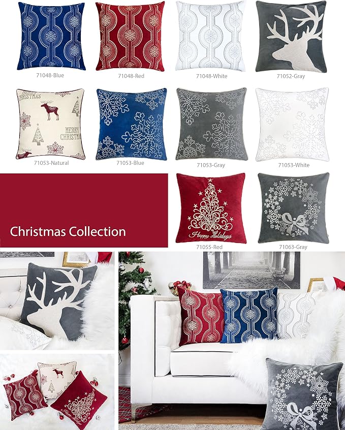 Embroidery Blue Velvet Throw Pillow Cover, Merry Christmas Series Snowflake Drop Luxury Soft Fuzzy Cozy Warm Slik Gift Square Couch Cushion Pillow Case 20 x 20 Inch, Cover Only