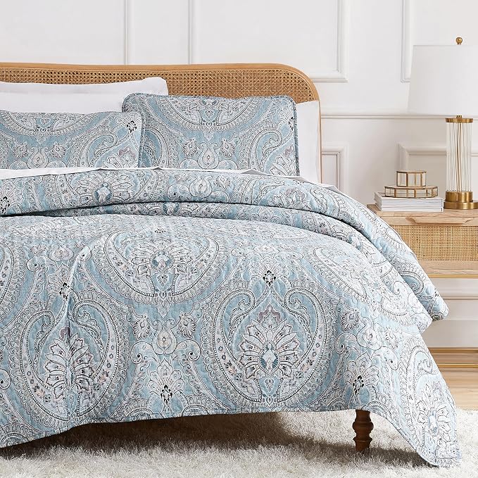 Southshore Fine Living, Inc. Full/Queen Quilt Bedding Set, Paisley Full Size Summer Bedspread, Boho Bedding Set for Full Size Mattress, Queen Size Quilt Coverlet & Matching Shams, Pure Melody Aqua